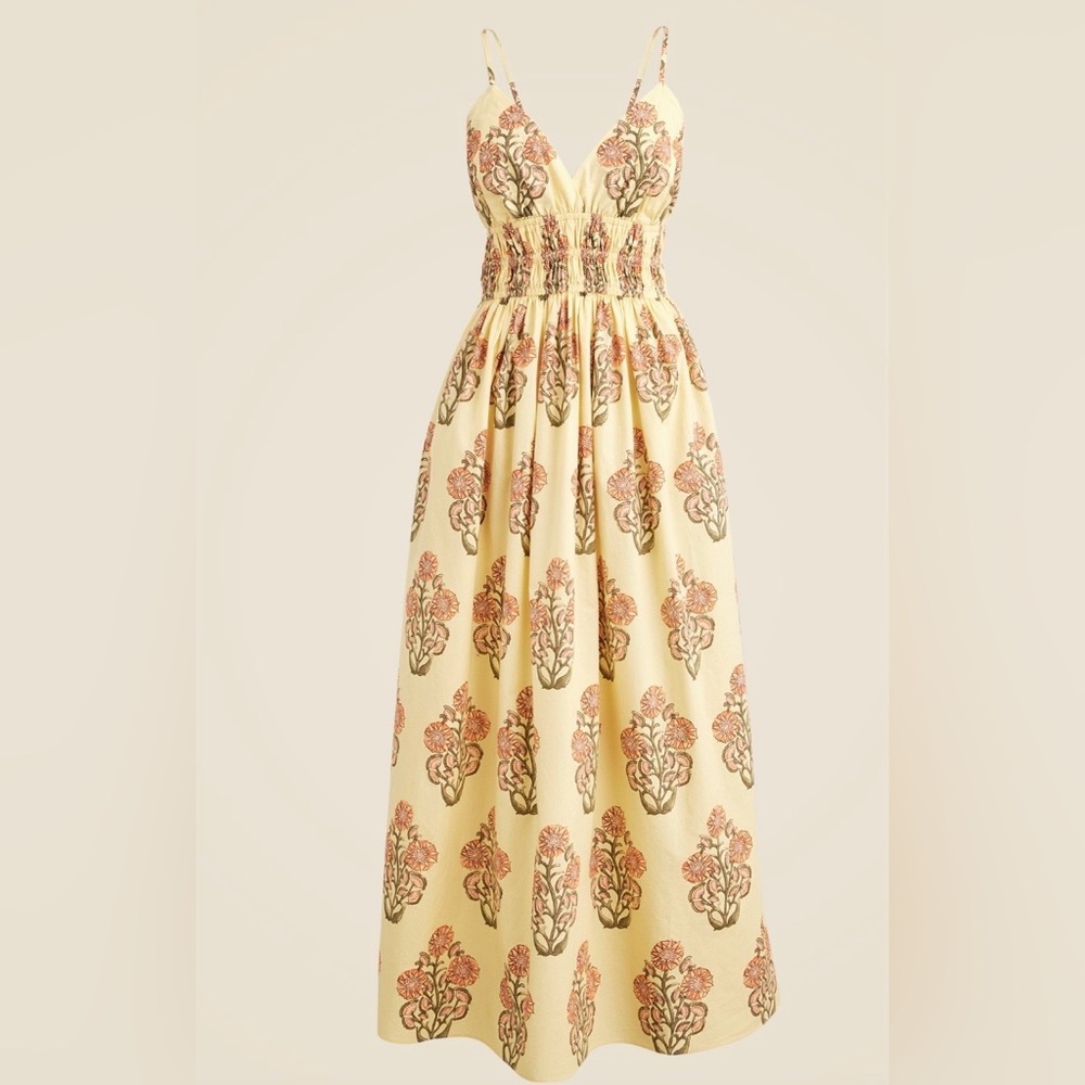 J. Crew Smocked Waist Floral Maxi Dress in Pale Yellow with pockets